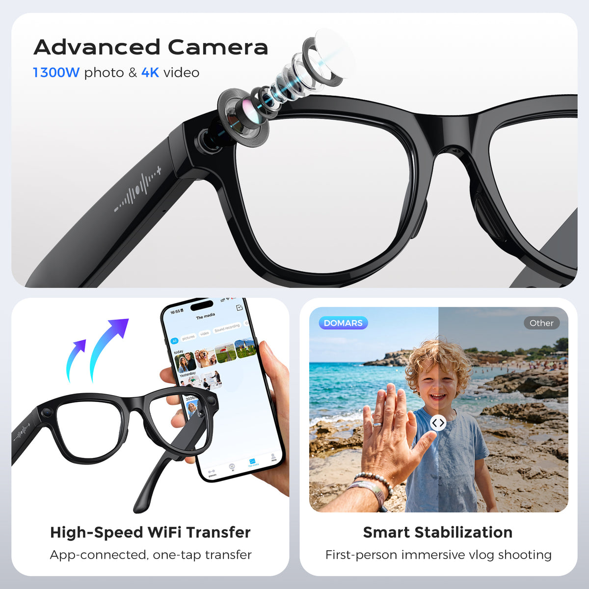 Domars AI Smart Glasses, 13MP Camera and Translation in 40 Languages, 1400mAh Charging Case, Wi-Fi and Bluetooth 5.3, Video and Audio, Real-Time Translation, Voice Assistant for iPhone 18/17/16