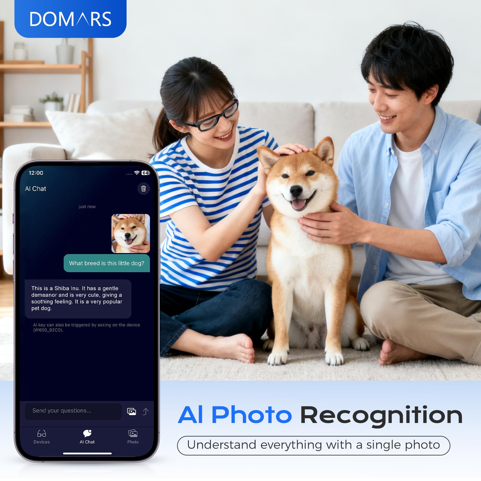 Domars AI Smart Glasses with Camera, 144 Languages Real-Time Translator, 8MP HD Video Recording, Bluetooth 5.4, Voice Assistant, 12H Battery, IP65 Waterproof, Stylish Frame for Men & Women