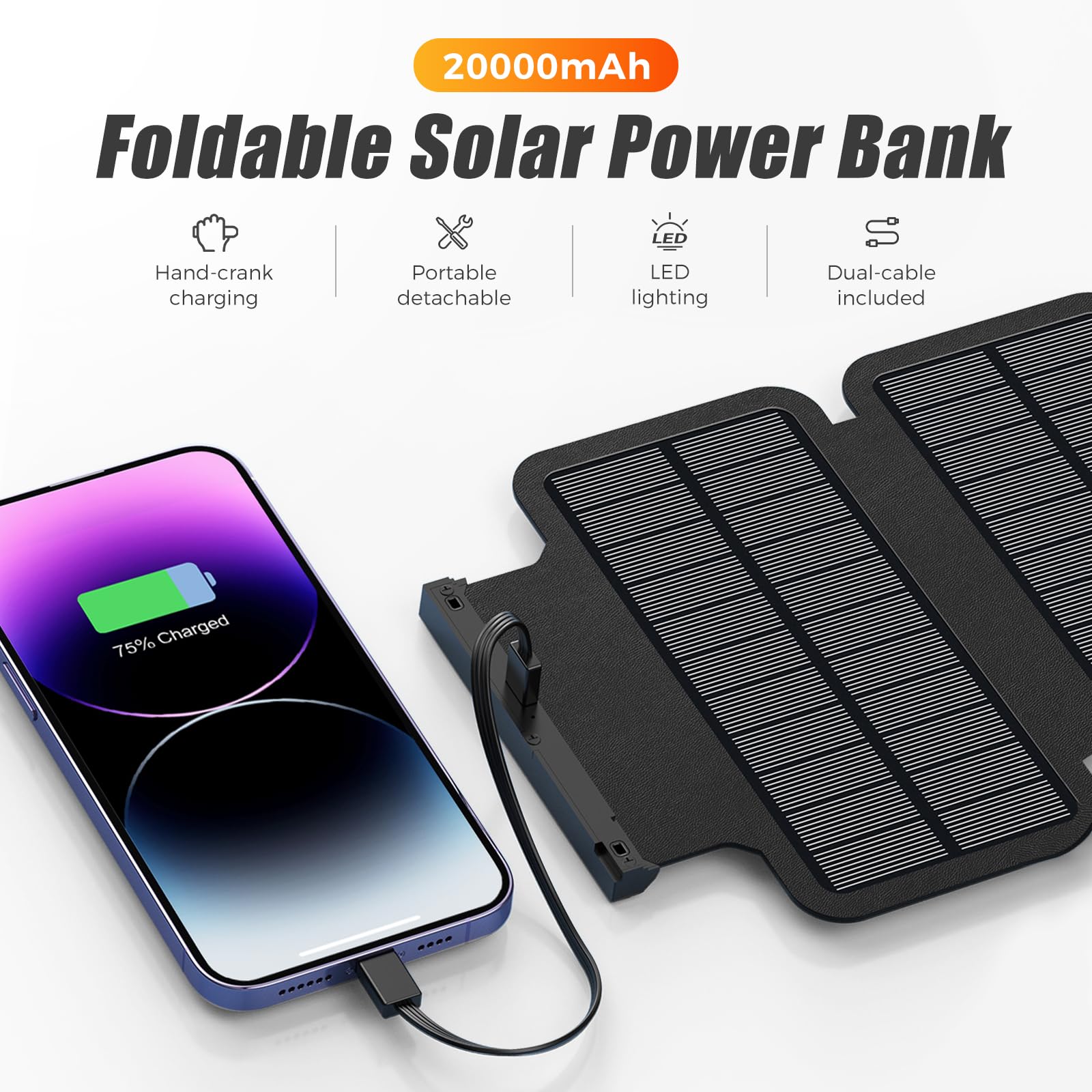 Domars Solar Power Bank 20000mAh with 6 Solar Panels, Super Fast Charging USB-C Portable Charger, IPX5 Water-Resistant External Battery Pack with Flashlight/SOS for Outdoor Emergency