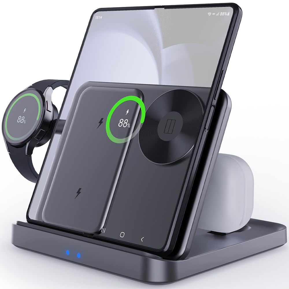 Domars 3-in-1 Foldable Wireless Charging Station, 15W Fast Charger for Samsung Galaxy Z Fold/Flip 5-1, iPhone 17-12, Galaxy Watch 6-1 & Buds, Compact Desktop Stand