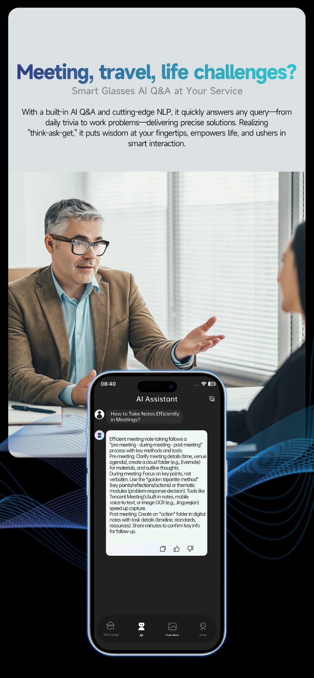 Domars AI Smart Glasses with 8MP Camera, Real-Time Translation, 32MP HD Photos, Anti-Shake Video, IP65 Waterproof, 35g Ultra-Light Design for Business & Travel