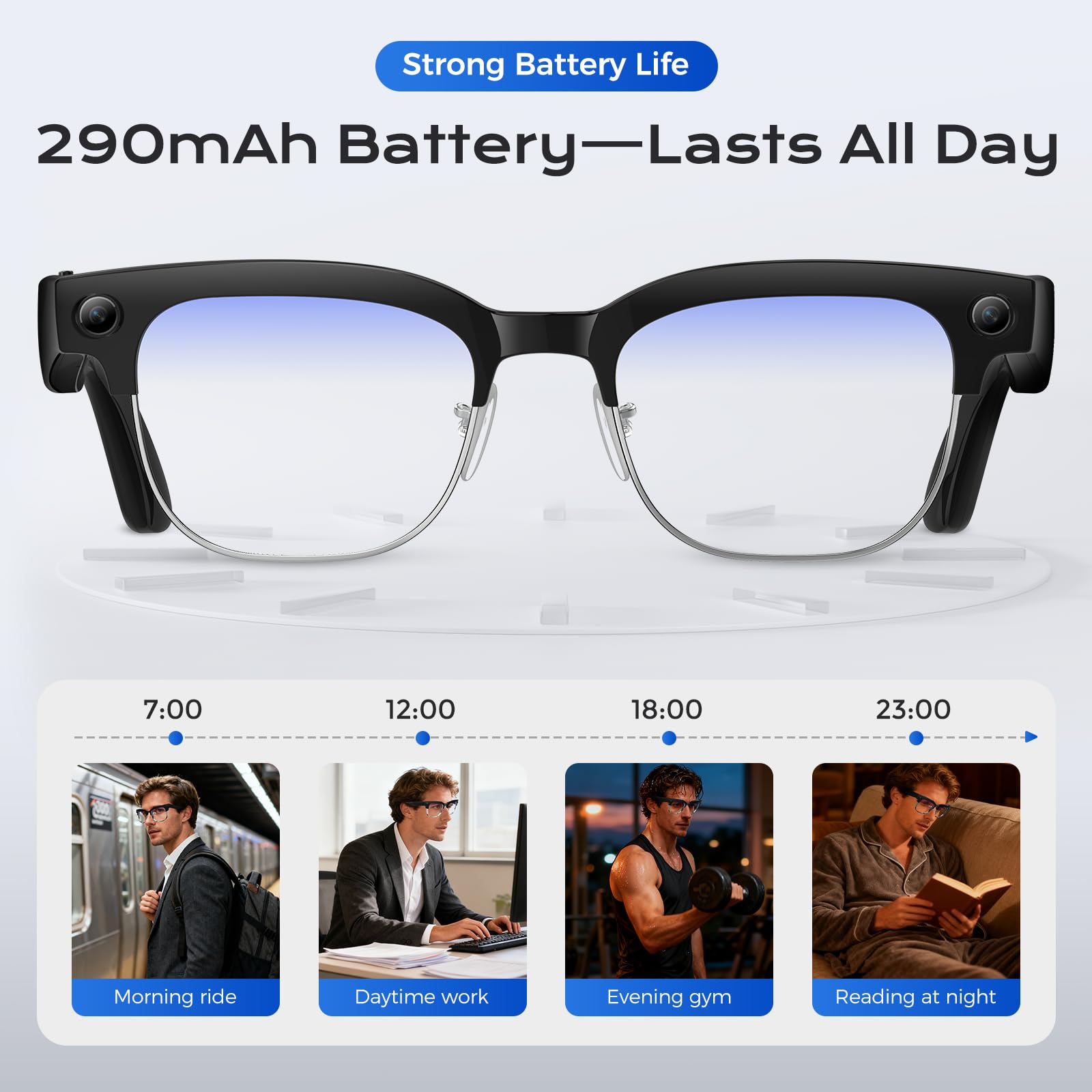 Domars Rimless AI Glasses with Real-Time Translation, 8MP Lens & 32MP HD Photos, Anti-Shake Video, IP66 Waterproof, 35g Lightweight Smart Eyewear for Travel & Business