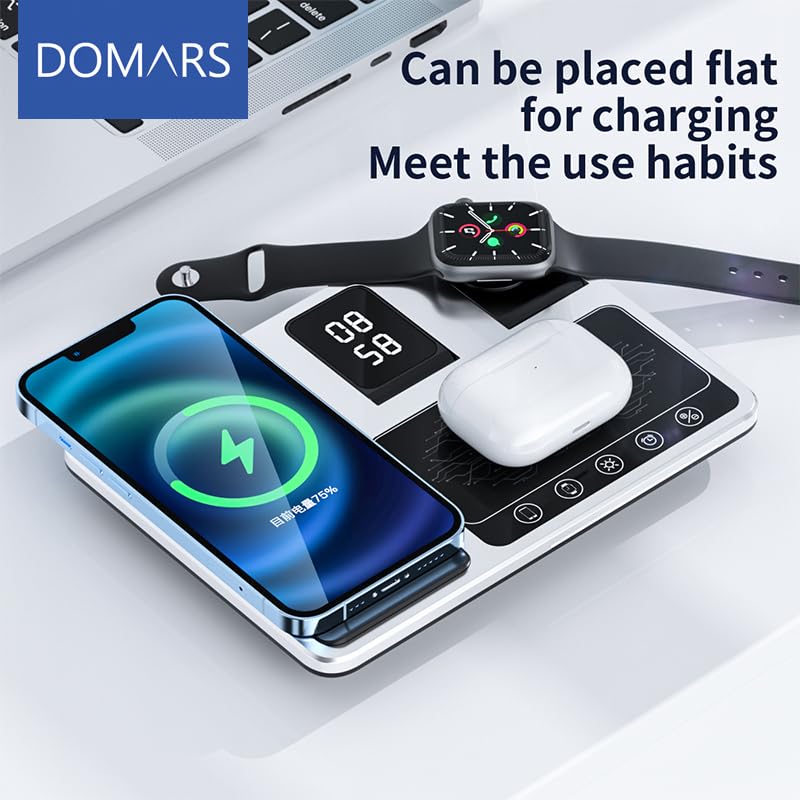 Domars 4 in 1 Wireless Charging Station: 15W Fast Wireless Charger for iPhone 16/15/14 Pro Max, Apple Watch Ultra 10/9/8, AirPods Pro | Multi-Device Desk Dock with Magnetic Alignment
