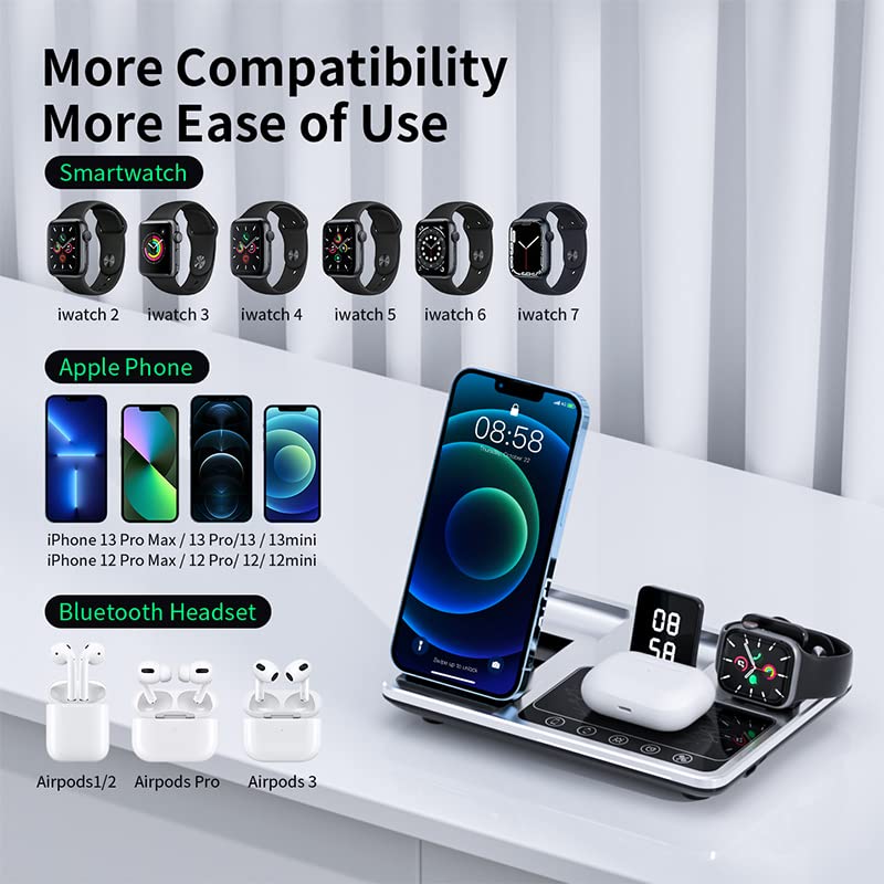 Domars 4 in 1 Wireless Charging Station: 15W Fast Wireless Charger for iPhone 16/15/14 Pro Max, Apple Watch Ultra 10/9/8, AirPods Pro | Multi-Device Desk Dock with Magnetic Alignment