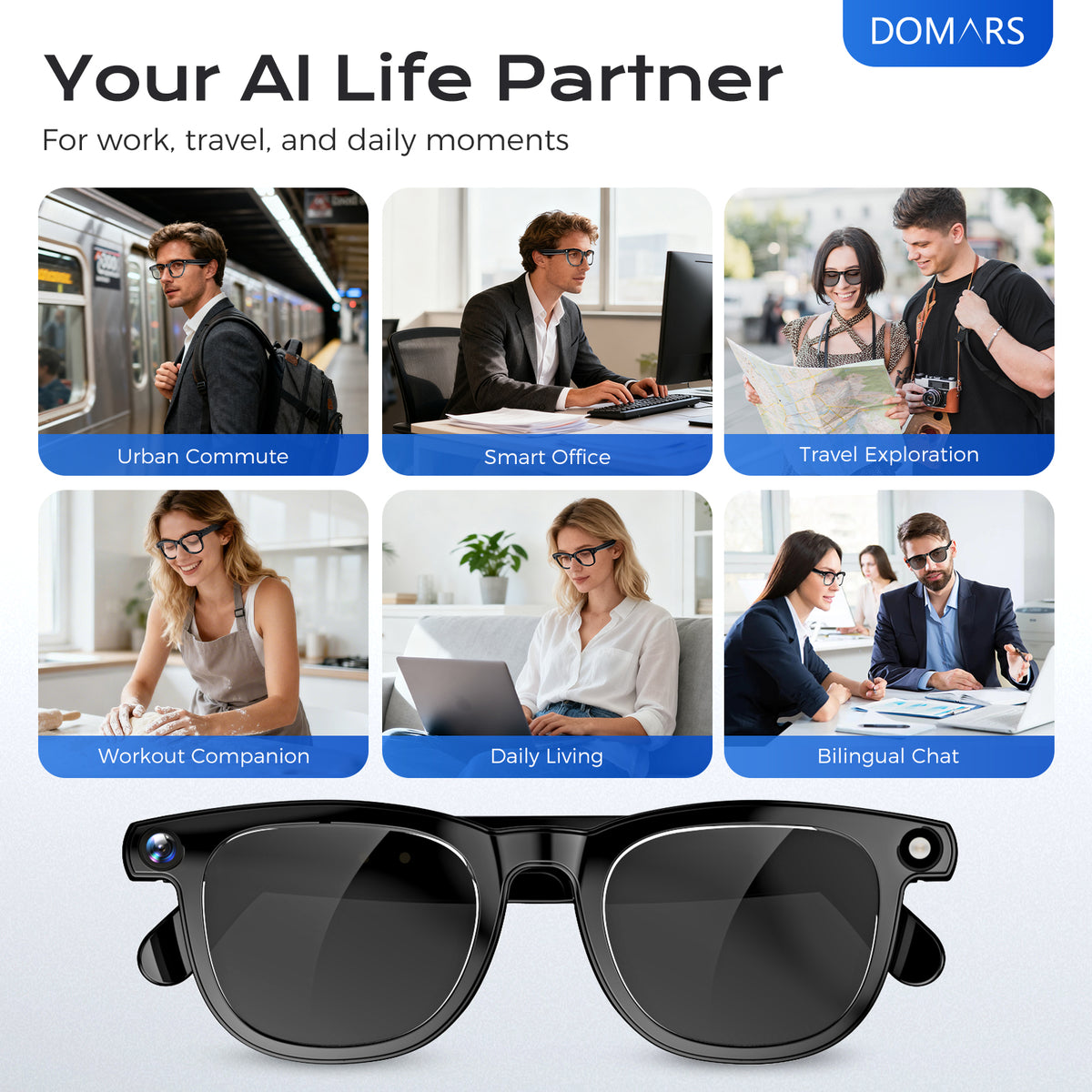 AI Smart Glasses with Camera, 164 Languages Real-Time Translation & ChatGPT/DeepSeek R1, Bluetooth 5.3 Camera Glasses, 12MP Video Recording, HiFi Stereo, IP67 Waterproof, for Travel/Office/Driving