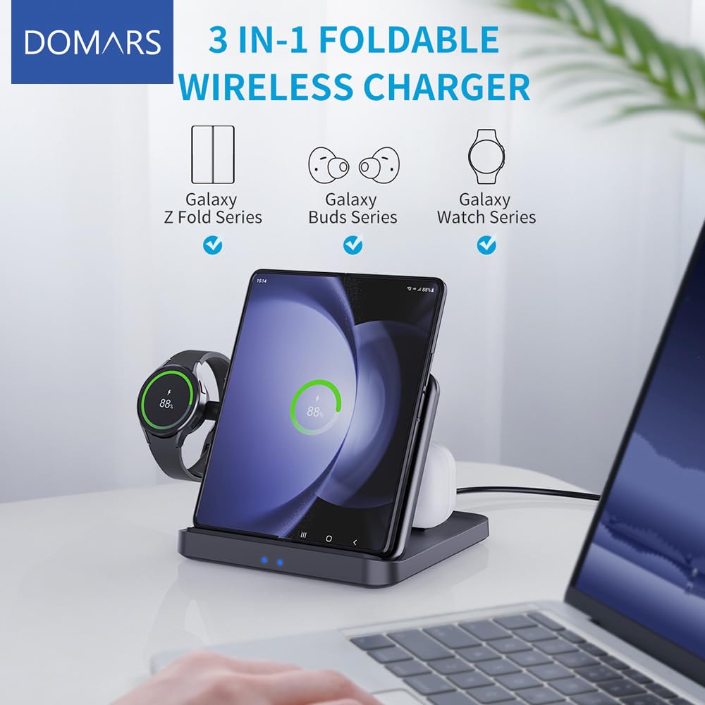 Domars 3-in-1 Foldable Wireless Charging Station, 15W Fast Charger for Samsung Galaxy Z Fold/Flip 5-1, iPhone 17-12, Galaxy Watch 6-1 & Buds, Compact Desktop Stand