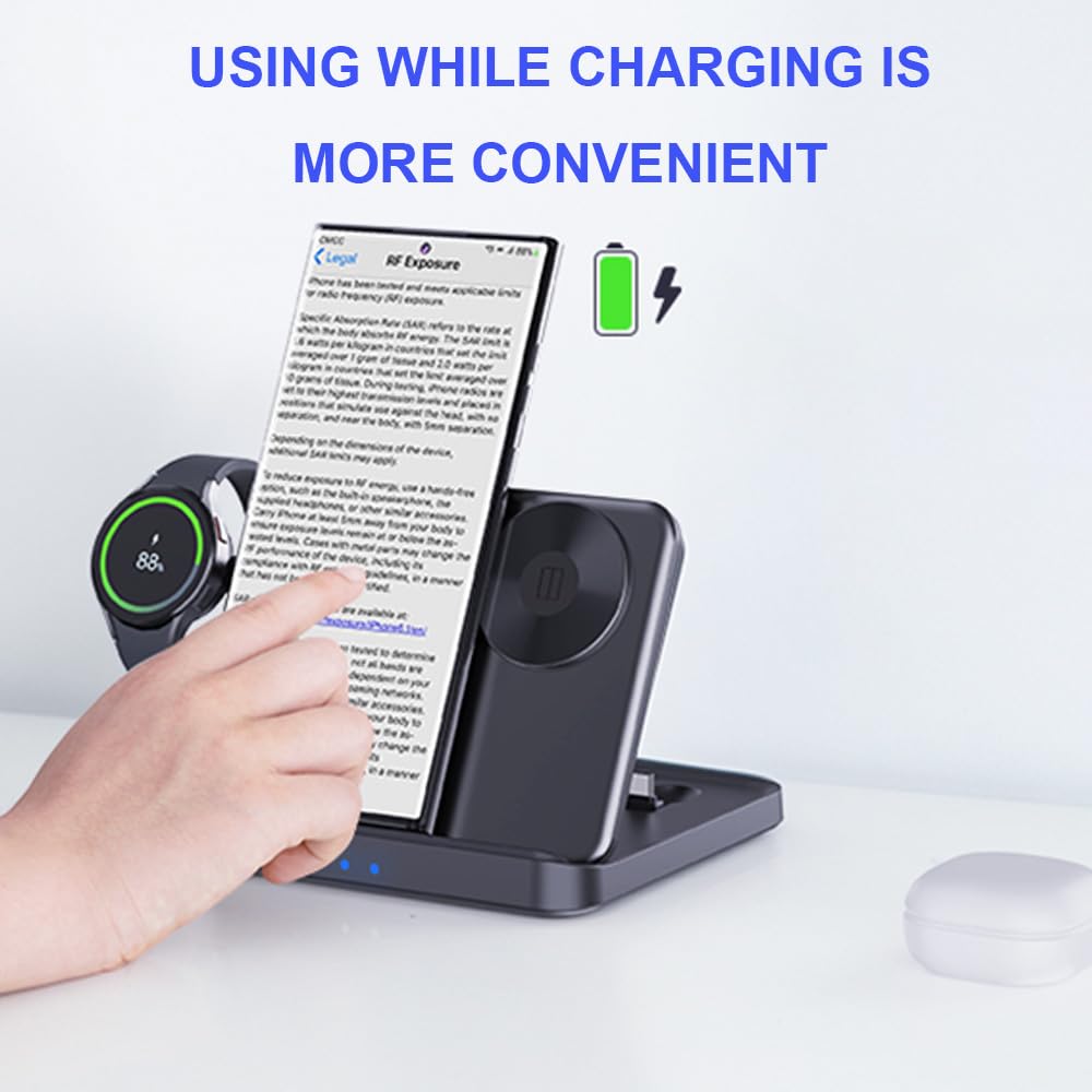 Domars 3-in-1 Foldable Wireless Charging Station, 15W Fast Charger for Samsung Galaxy Z Fold/Flip 5-1, iPhone 17-12, Galaxy Watch 6-1 & Buds, Compact Desktop Stand