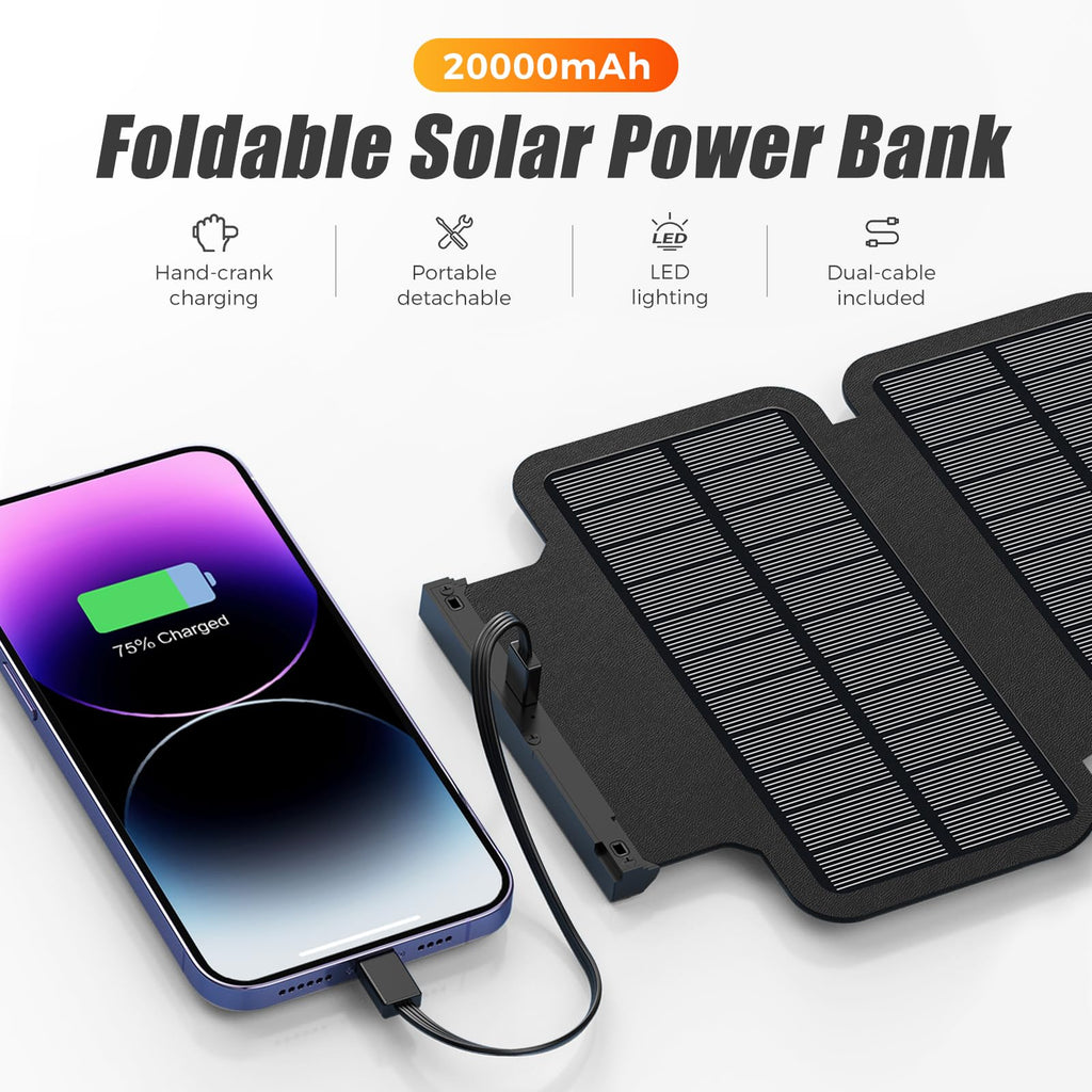 Domars Solar Power Bank 20000mAh with 6 Solar Panels, Super Fast Charging USB-C Portable Charger, IPX5 Water-Resistant External Battery Pack with Flashlight/SOS for Outdoor Emergency