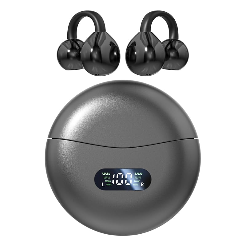 Domars Open Ear Clip-On Wireless Earbuds Bluetooth 5.4 Bone Conduction Headphones with Touch Control, LED Display, Lightweight & Secure Fit, IPX4 Sport Ear Buds with Mic for Running, Gym, Work