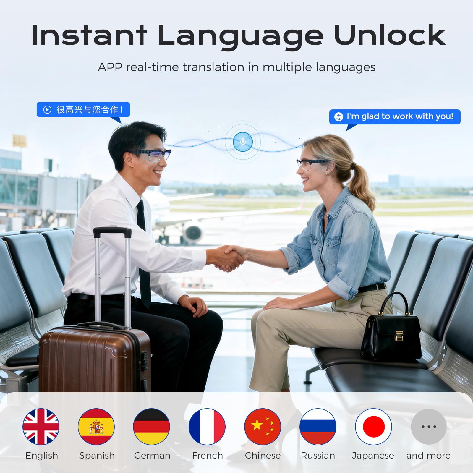 Domars Rimless AI Glasses with Real-Time Translation, 8MP Lens & 32MP HD Photos, Anti-Shake Video, IP66 Waterproof, 35g Lightweight Smart Eyewear for Travel & Business