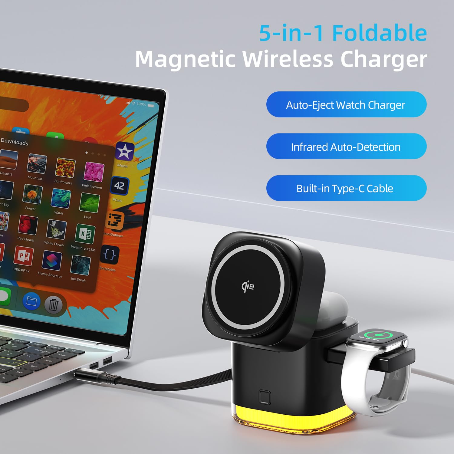 5-in-1 MagSafe Wireless Charging Station | 15W Fast Charger Compatible with iPhone 16-12, Apple Watch, AirPods | Built-in Cable & Night Light | Portable Dock for Home, Office, Travel