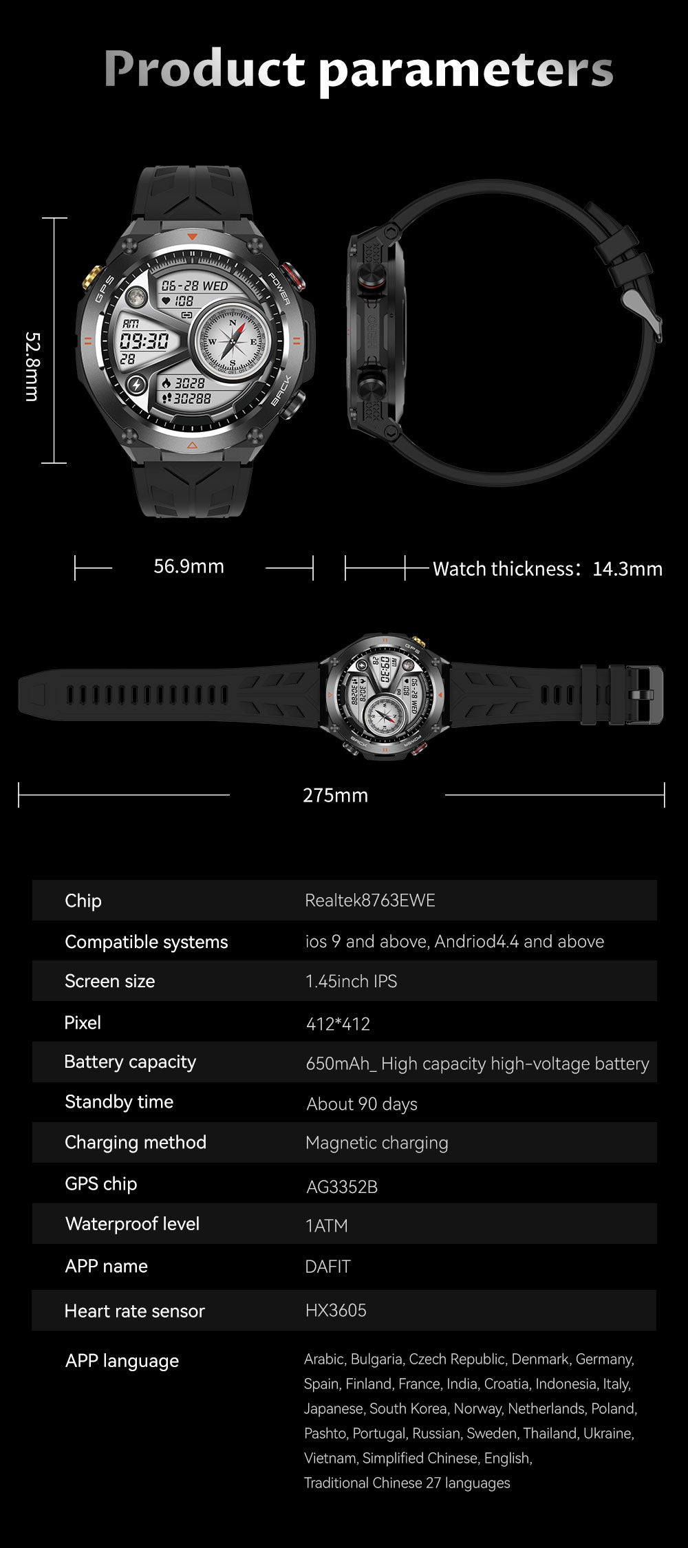 GPS Smart Watch for Men Women, Outdoor Sports Smartwatch with Bluetooth Call, 650mAh Big Battery, Compass Altimeter Barometer, 100+ Workout Modes, 1.45” Touch Screen Fitness Watch for Hiking