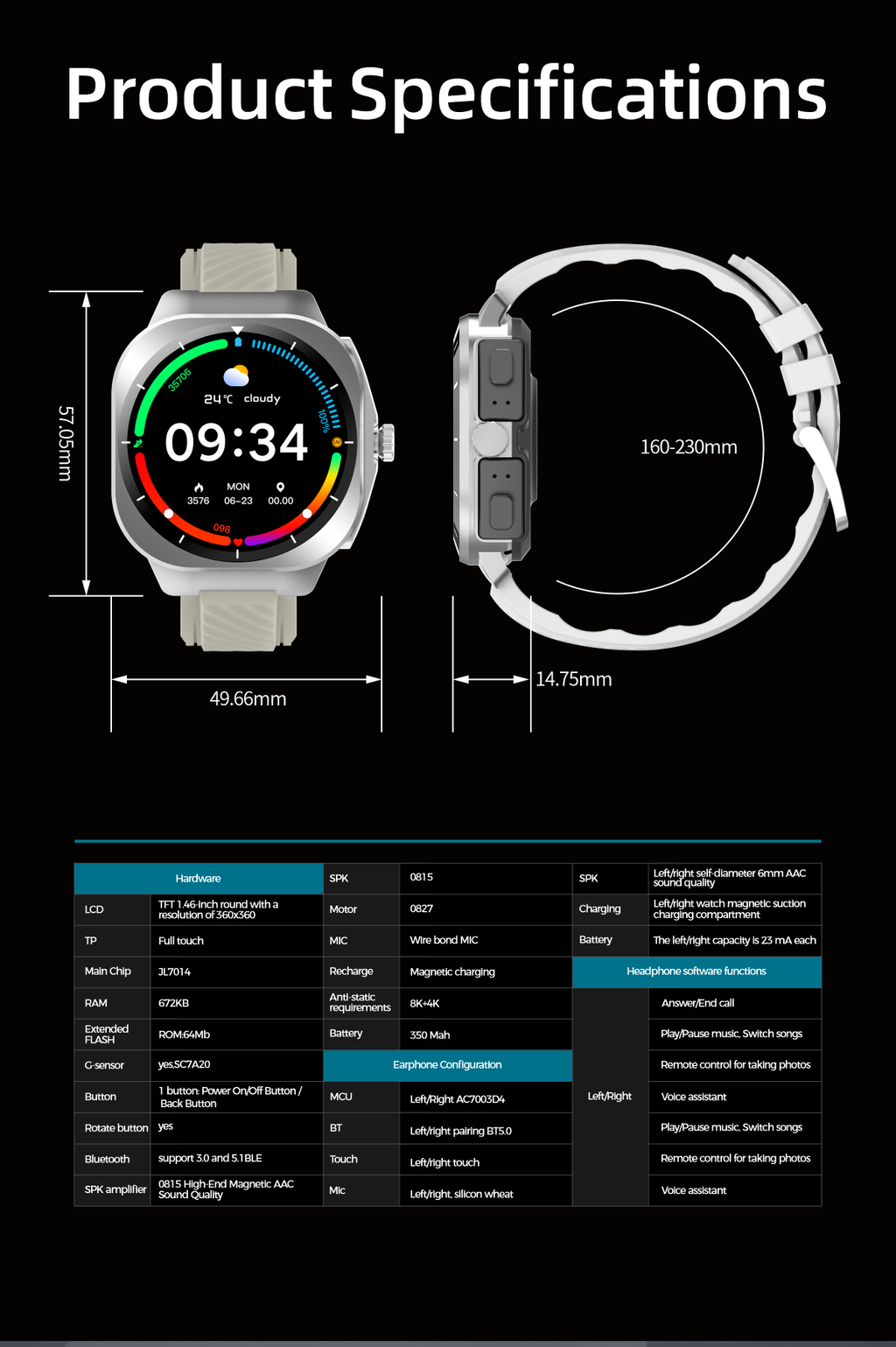Fitness Smart Watch with Wireless Earbuds, 1.46" Round Screen Outdoor Sports Smartwatch, IP68 Waterproof, Bluetooth Call, 350mAh Large Battery, Custom Watch Faces for Men Women