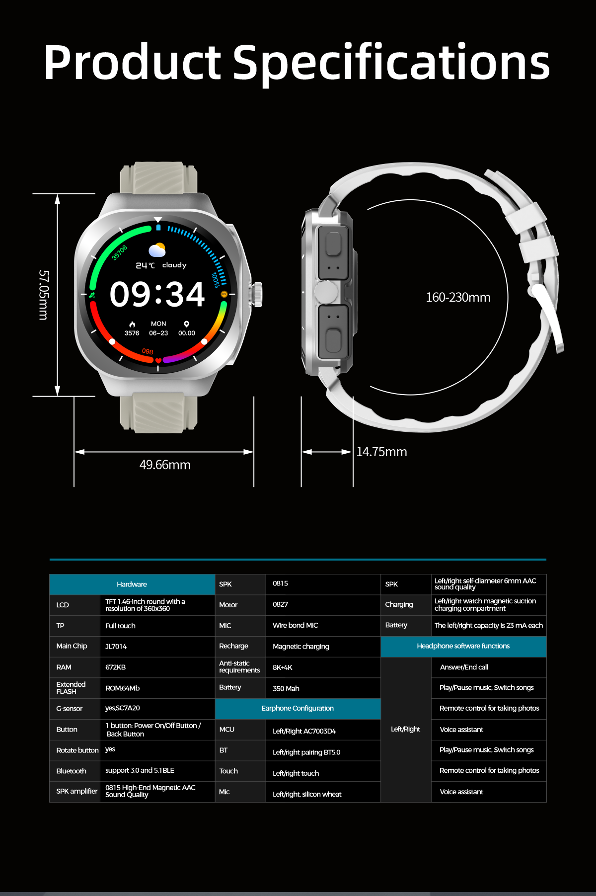 Fitness Smart Watch with Wireless Earbuds, 1.46" Round Screen Outdoor Sports Smartwatch, IP68 Waterproof, Bluetooth Call, 350mAh Large Battery, Custom Watch Faces for Men Women