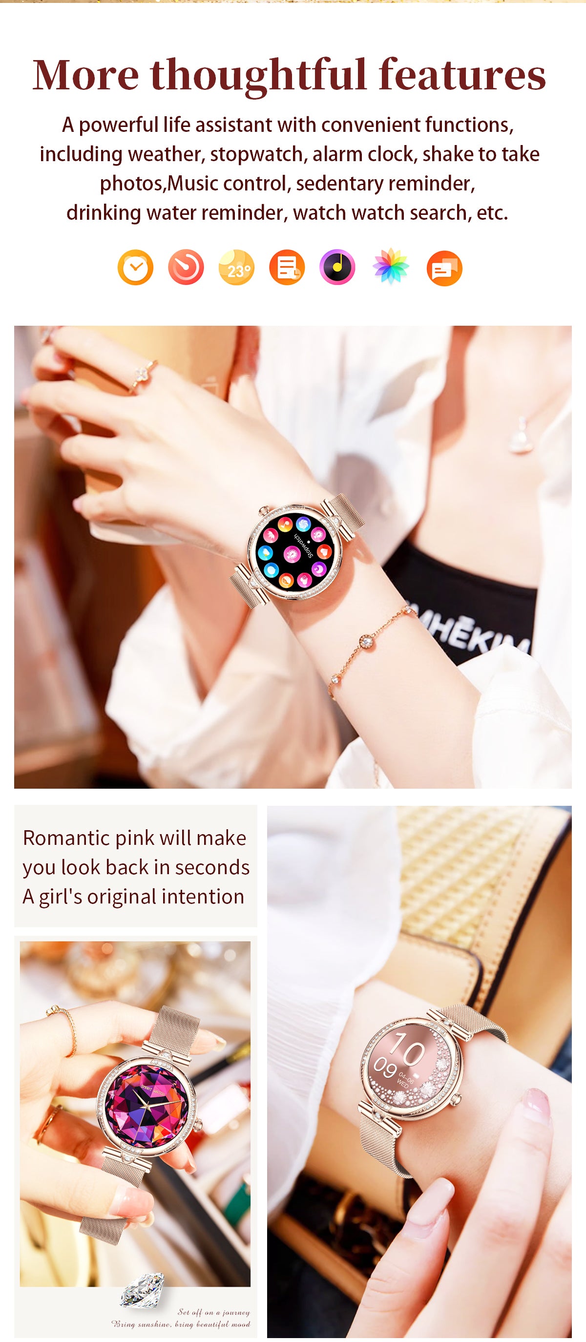 Women Smart Watch, Bluetooth Calling Fitness Tracker, 1.19” AMOLED Diamond Round Wrist Watch IP68 Waterproof Stainless Steel Band Smartwatch for Android iOS Gold Silver