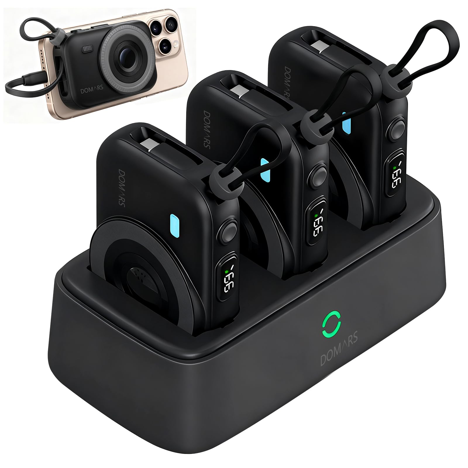 Domars Family Power Bank Station - 5-Port Shared Charging Hub with Multi-Device 10000mAh Portable Chargers, 22.5W Fast Charging, Built-in C/Lightning Cables, LED Display for Home Office Cafe Outdoor