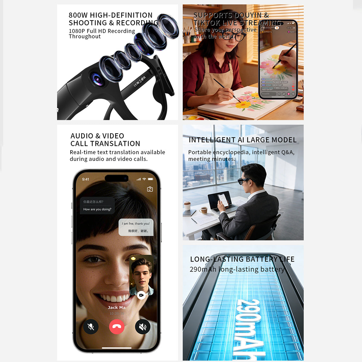 1080P Smart Camera Glasses, Bluetooth 5.3 Open Ear Audio, AI Assistant, Real-Time Translation, Hands-Free TikTok Live Stream, 290mAh Type-C Charging