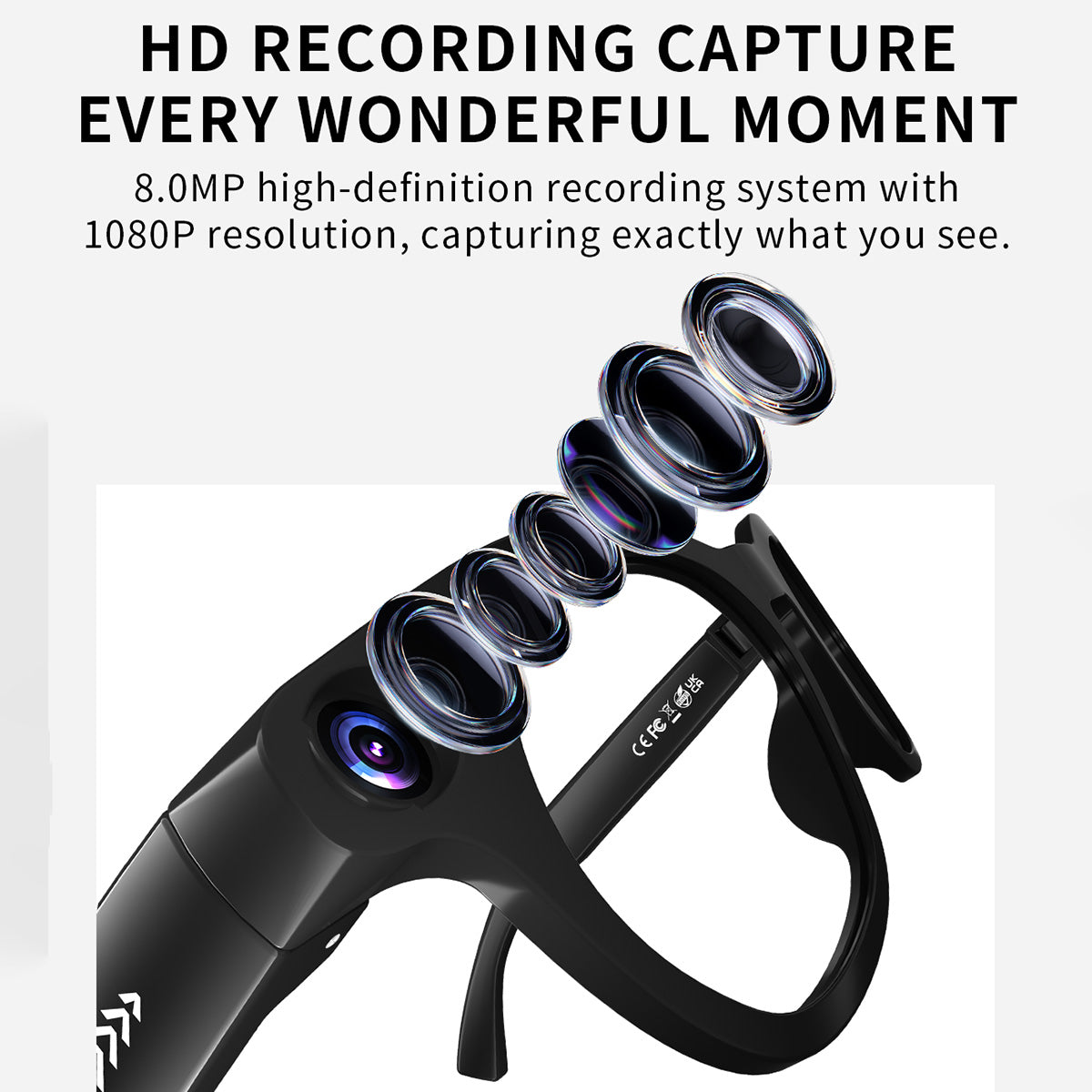 1080P Smart Camera Glasses, Bluetooth 5.3 Open Ear Audio, AI Assistant, Real-Time Translation, Hands-Free TikTok Live Stream, 290mAh Type-C Charging