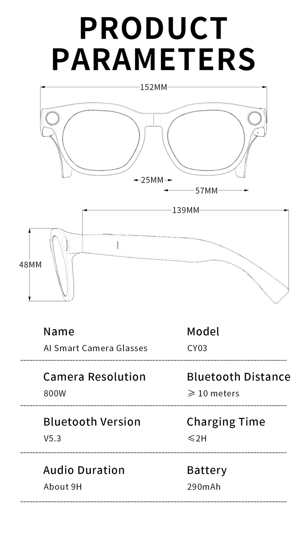 1080P Smart Camera Glasses, Bluetooth 5.3 Open Ear Audio, AI Assistant, Real-Time Translation, Hands-Free TikTok Live Stream, 290mAh Type-C Charging