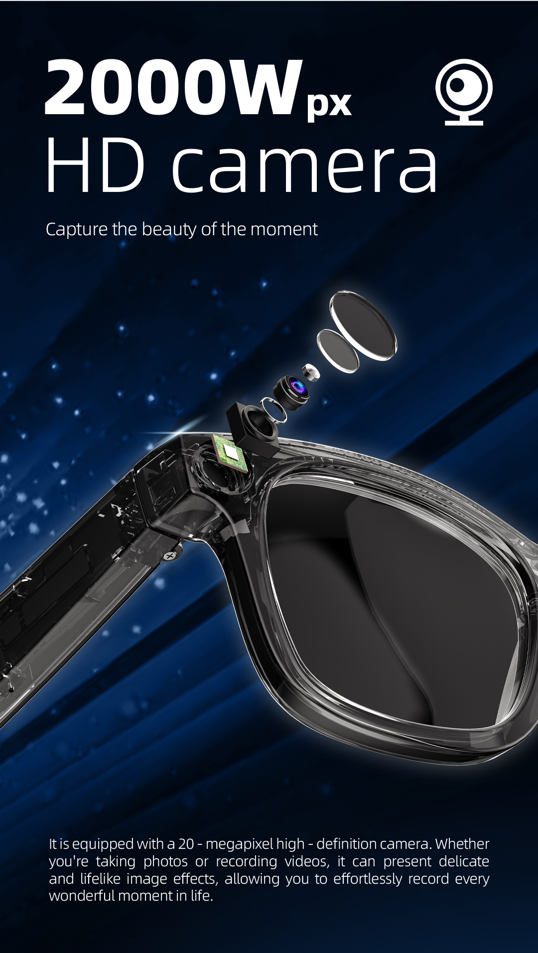 Domars AI Smart Glasses With 20MP HD Camera,Anti-Shake Video Recording,30H Battery Life,WiFi 5/6,32GB Memory,AI Translation & Recognition,Touch Control,Anti-blue Light and Anti-reflection Coating