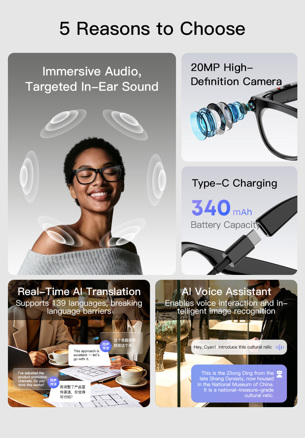 Domars AI Smart Glasses with 20MP Camera,Real-Time Translation 139 Languages,Voice Assistant, Open-Ear Audio,47g Lightweight,Bluetooth Smart Eyewear for Business,Travel,Sports & Daily Use