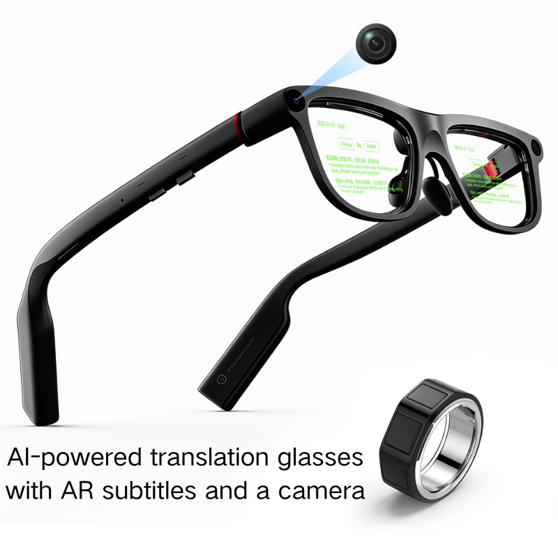 Domars AI AR XR Smart Glasses with Camera, Ring Control Teleprompter, 1500Nits Privacy Display, 268-Language Offline Translator, Recording Video Glasses for Business Travel Study Abroad