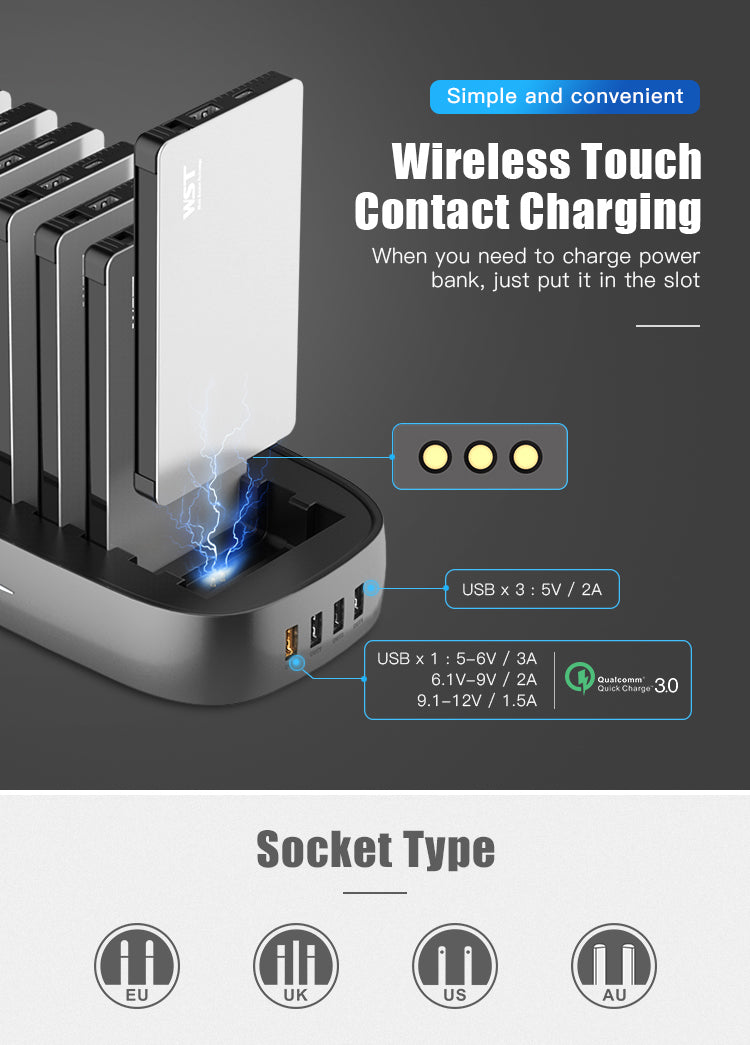 Domars Charging Station with Built-in Cables,8000mAh x8 Power Bank Dock Phone Charging Bank,Customisable With Your Own Logo, All-in-One Portable Charger Solution for Cafe/Hotel/Library