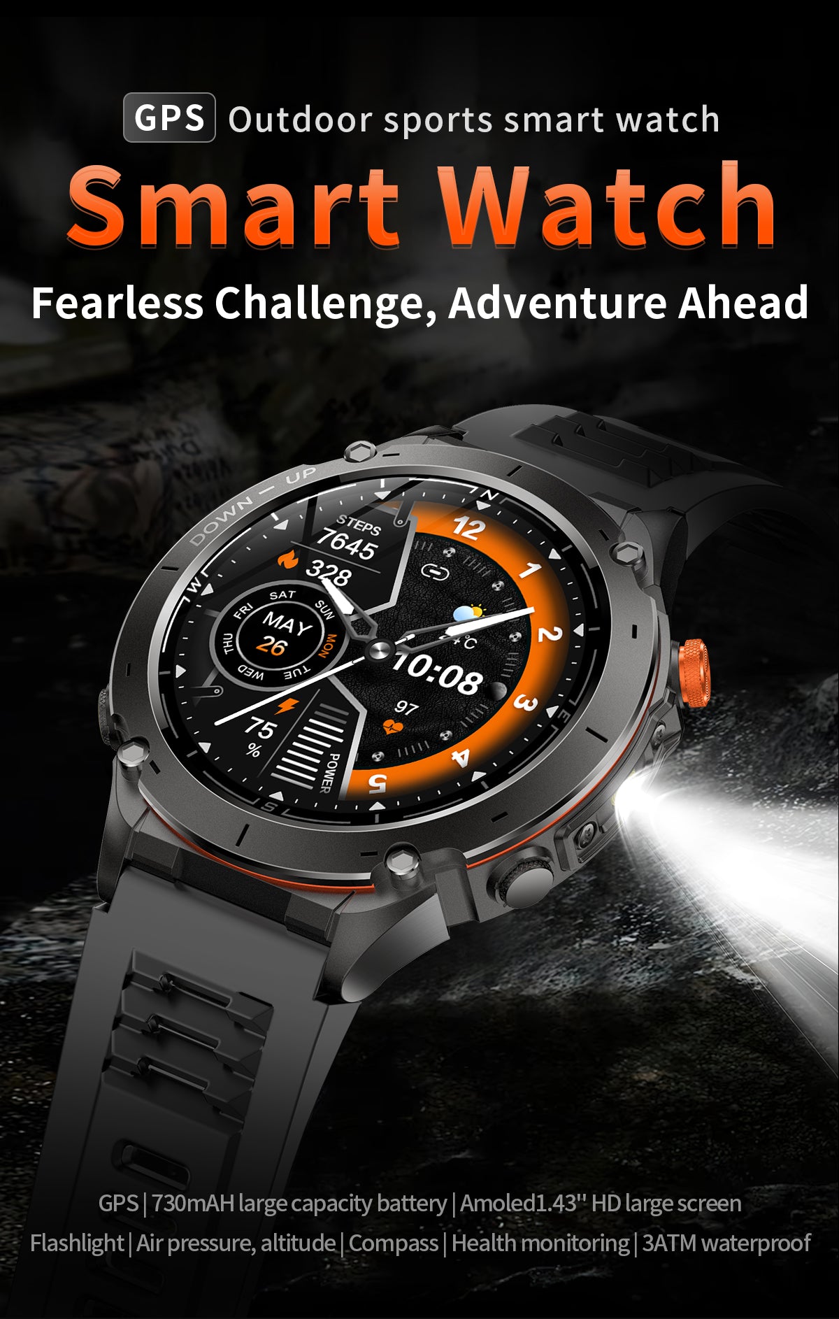 Domars Smart Watch for Men and Women with GPS and Compass,100+ Sports Modes, 30m Waterproof,MIL-STD-810H Durable,1.43" AMOLED Screen,730mAh Battery,For Sports, Adventure,Mountaineering etc