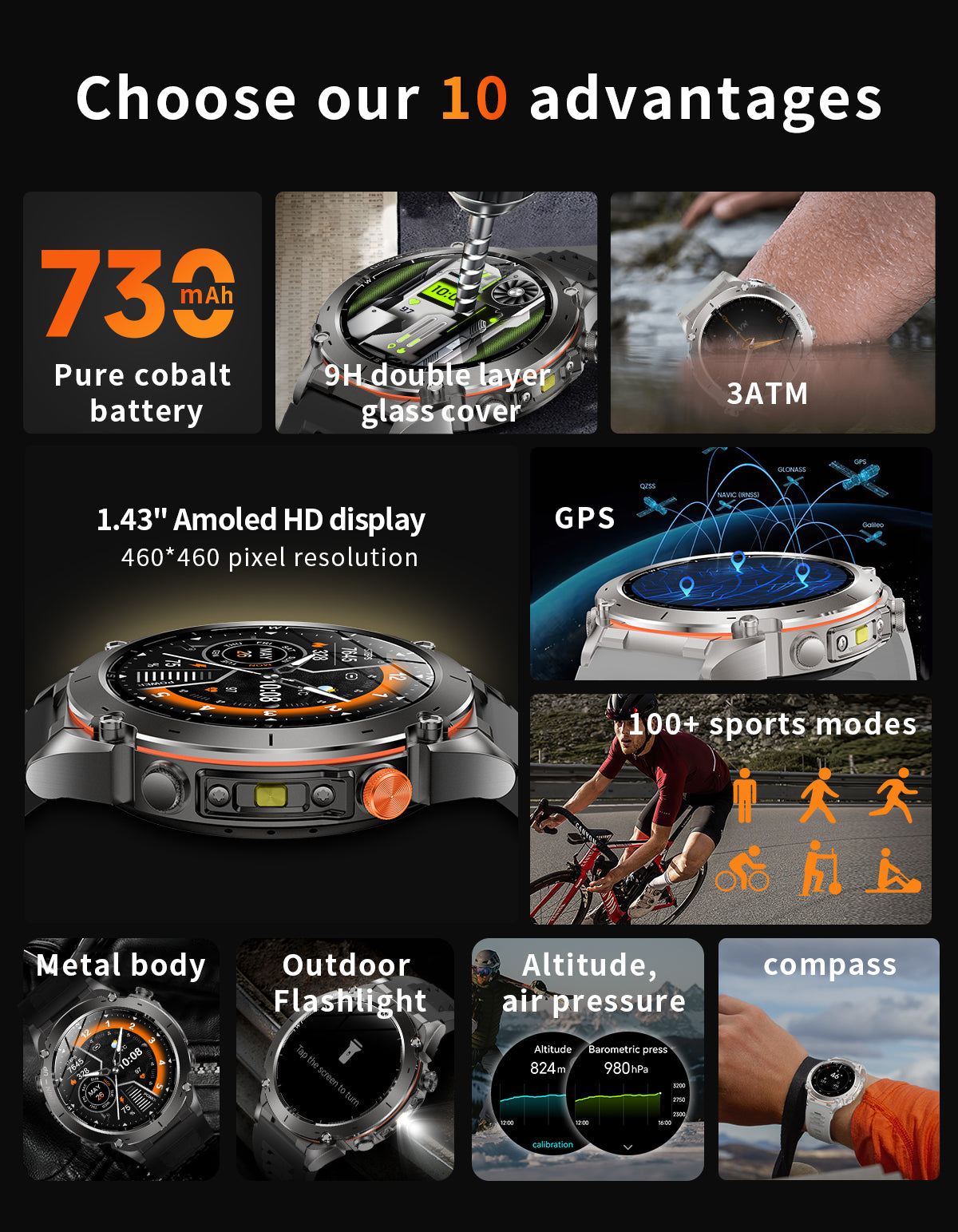 Domars Smart Watch for Men and Women with GPS and Compass,100+ Sports Modes, 30m Waterproof,MIL-STD-810H Durable,1.43" AMOLED Screen,730mAh Battery,For Sports, Adventure,Mountaineering etc