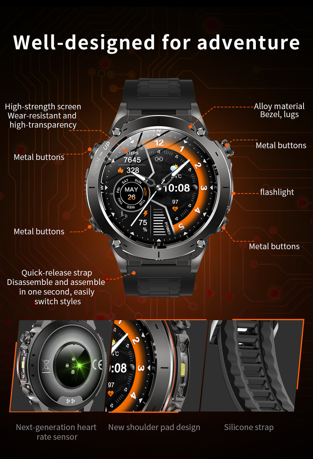 Domars Smart Watch for Men and Women with GPS and Compass,100+ Sports Modes, 30m Waterproof,MIL-STD-810H Durable,1.43" AMOLED Screen,730mAh Battery,For Sports, Adventure,Mountaineering etc