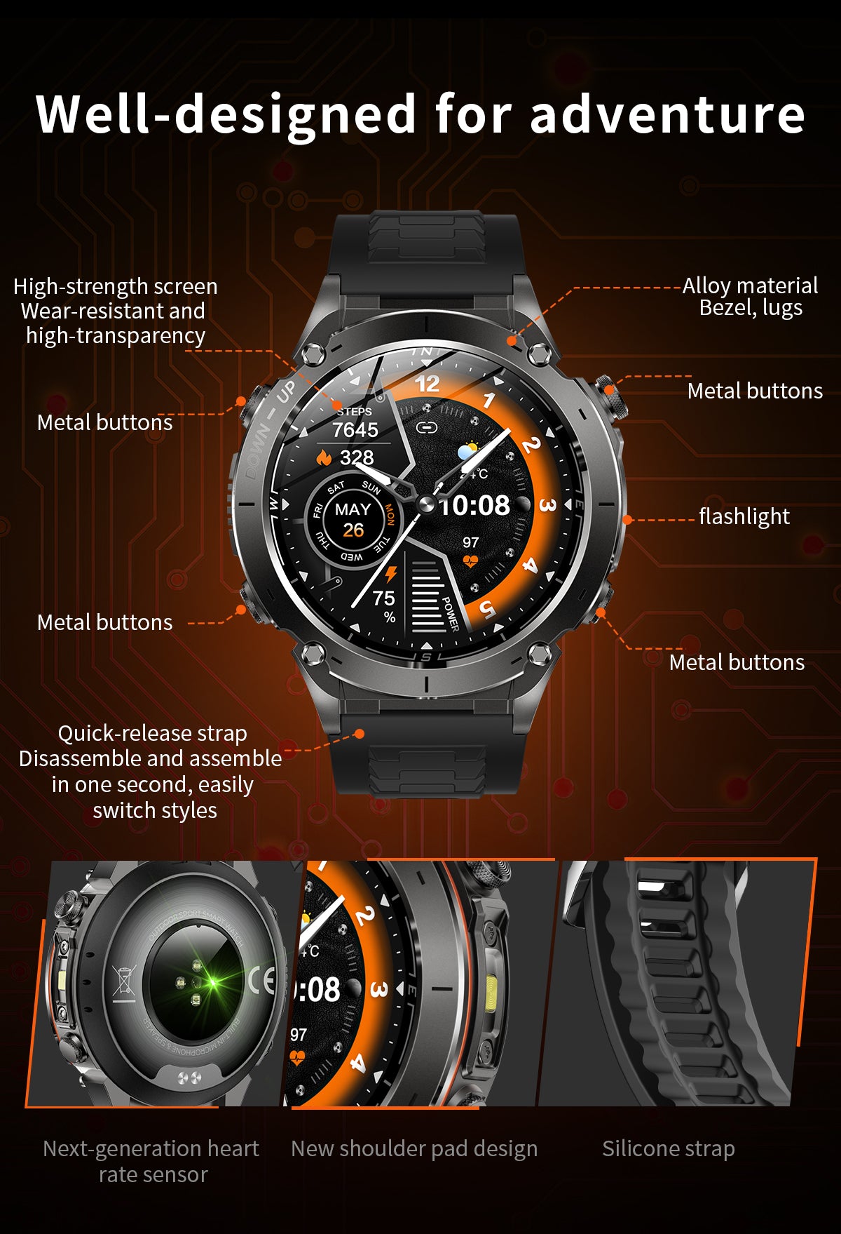 Domars Smart Watch for Men and Women with GPS and Compass,100+ Sports Modes, 30m Waterproof,MIL-STD-810H Durable,1.43" AMOLED Screen,730mAh Battery,For Sports, Adventure,Mountaineering etc