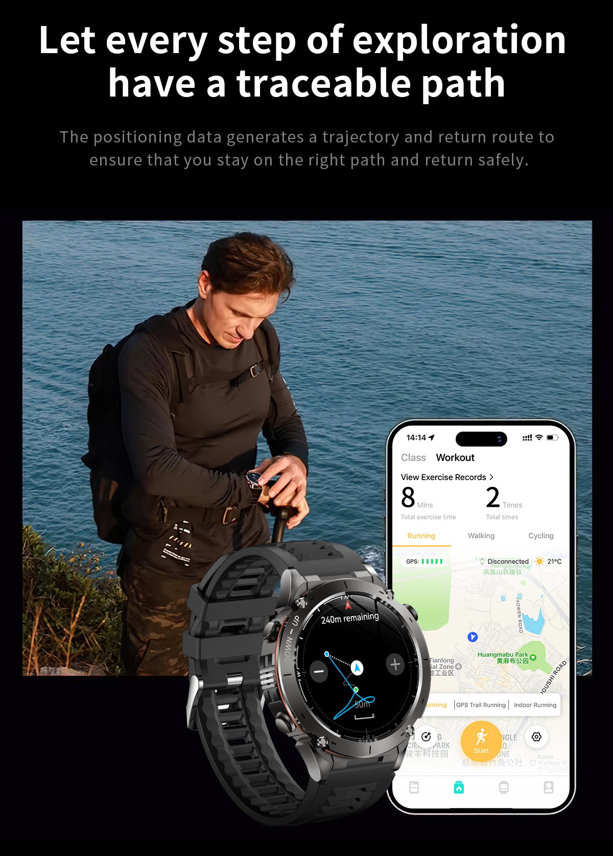 Domars Smart Watch for Men and Women with GPS and Compass,100+ Sports Modes, 30m Waterproof,MIL-STD-810H Durable,1.43" AMOLED Screen,730mAh Battery,For Sports, Adventure,Mountaineering etc