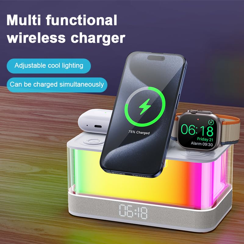 Domars Wireless Charging Station with Bluetooth 5.3 Speaker, 3D LED Night Light, Digital Clock, and Phone Holder for Home, Office, and Bedroom