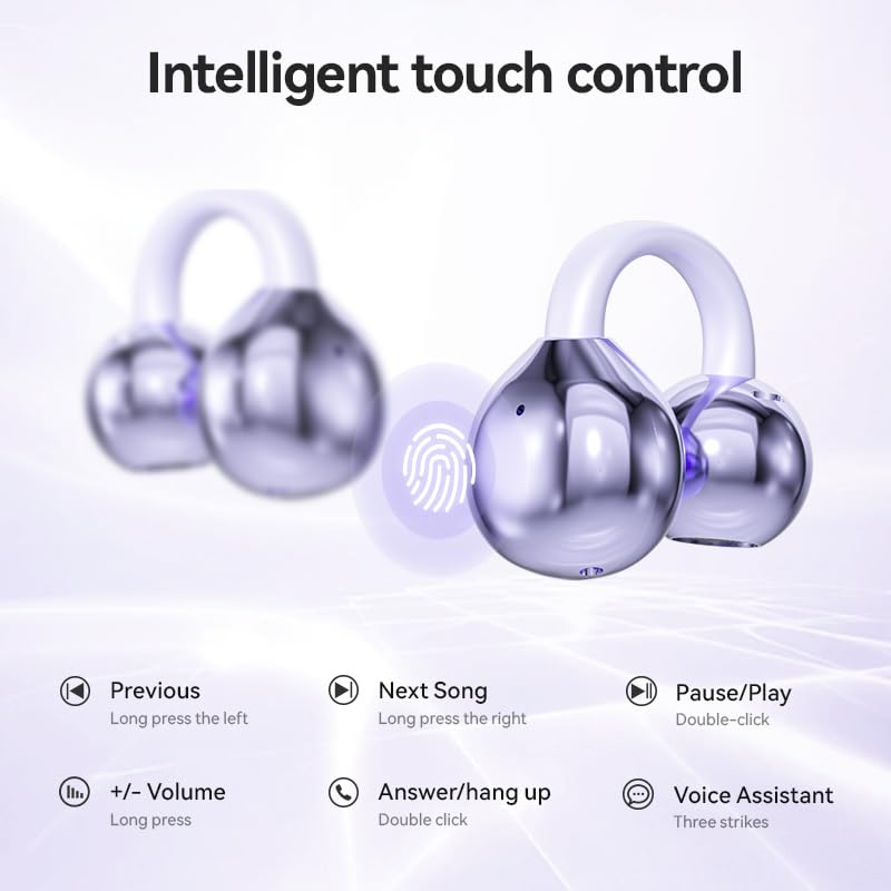 Domars Open Ear Clip-On Wireless Earbuds Bluetooth 5.4 Bone Conduction Headphones with Touch Control, LED Display, Lightweight & Secure Fit, IPX4 Sport Ear Buds with Mic for Running, Gym, Work