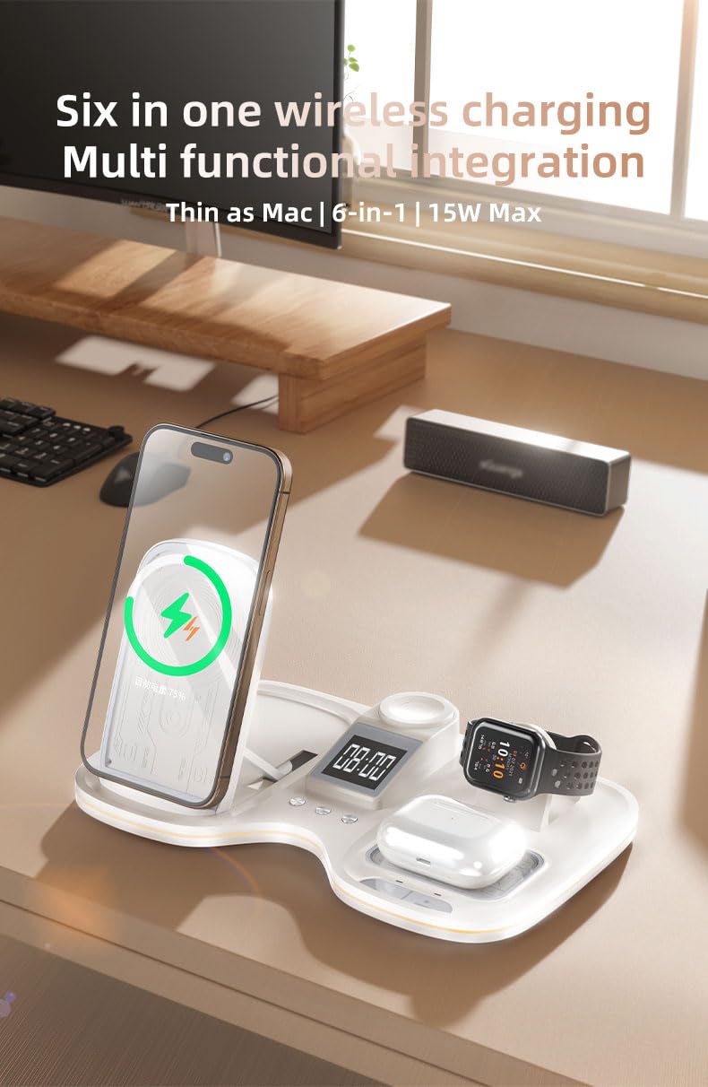 Domars 6-in-1 Auto-Lift Wireless Charging Station, 15W Fast Charger for iPhone 17/16/15/14/13, Apple Watch 10/9/8, AirPods 4/3,with Clock & 7-Color Ambient Light, Nightstand Desk Dock