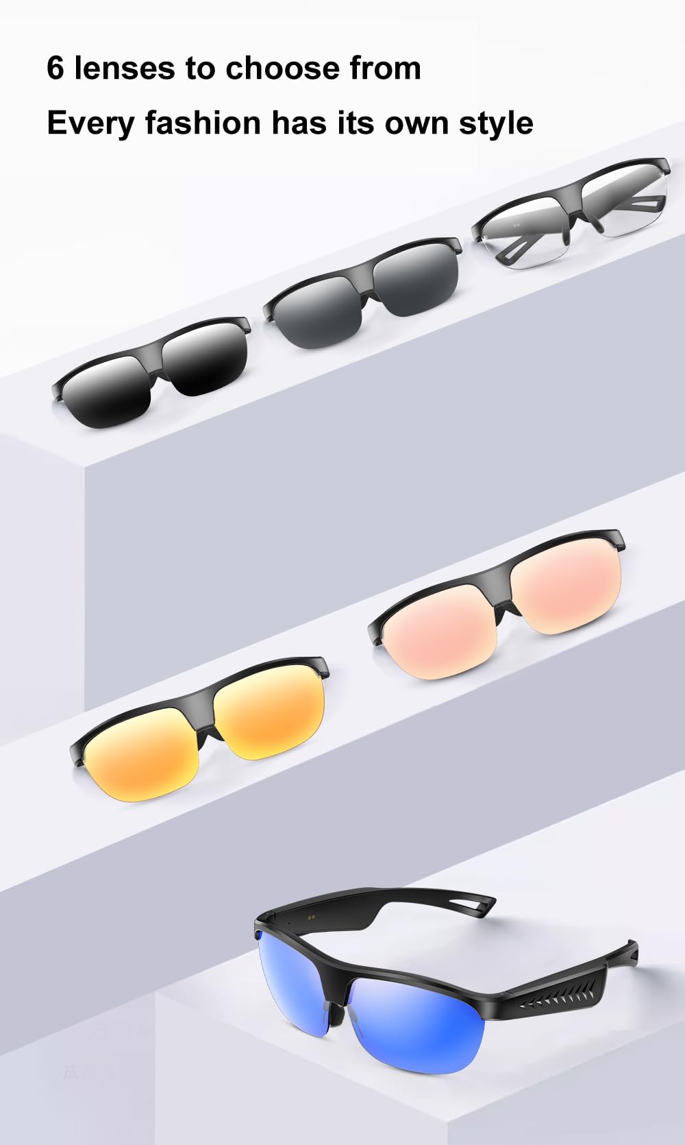 Domars Smart Glasses for Sports, AI Translator with 144 Languages, Bluetooth 5.0 Open-Ear Headphones, ENC Noise Cancelling, 4H Playtime, IPX5 Sweatproof, for Cycling/Running/Travel/Outdoor