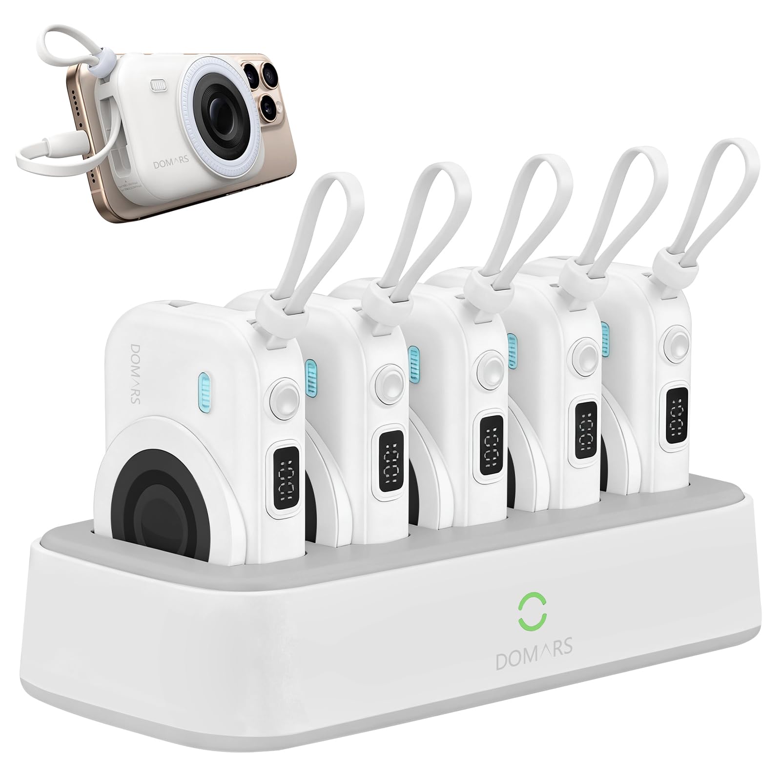 Domars Family Power Bank Station - 5-Port Shared Charging Hub with Multi-Device 10000mAh Portable Chargers, 22.5W Fast Charging, Built-in C/Lightning Cables, LED Display for Home Office Cafe Outdoor