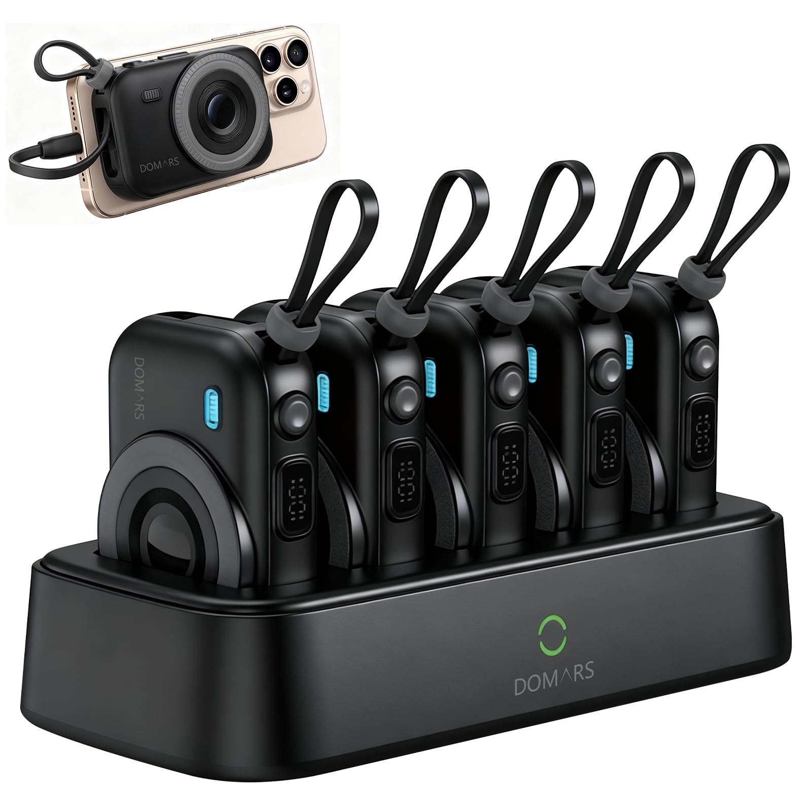 Domars Family Power Bank Station - 5-Port Shared Charging Hub with Multi-Device 10000mAh Portable Chargers, 22.5W Fast Charging, Built-in C/Lightning Cables, LED Display for Home Office Cafe Outdoor