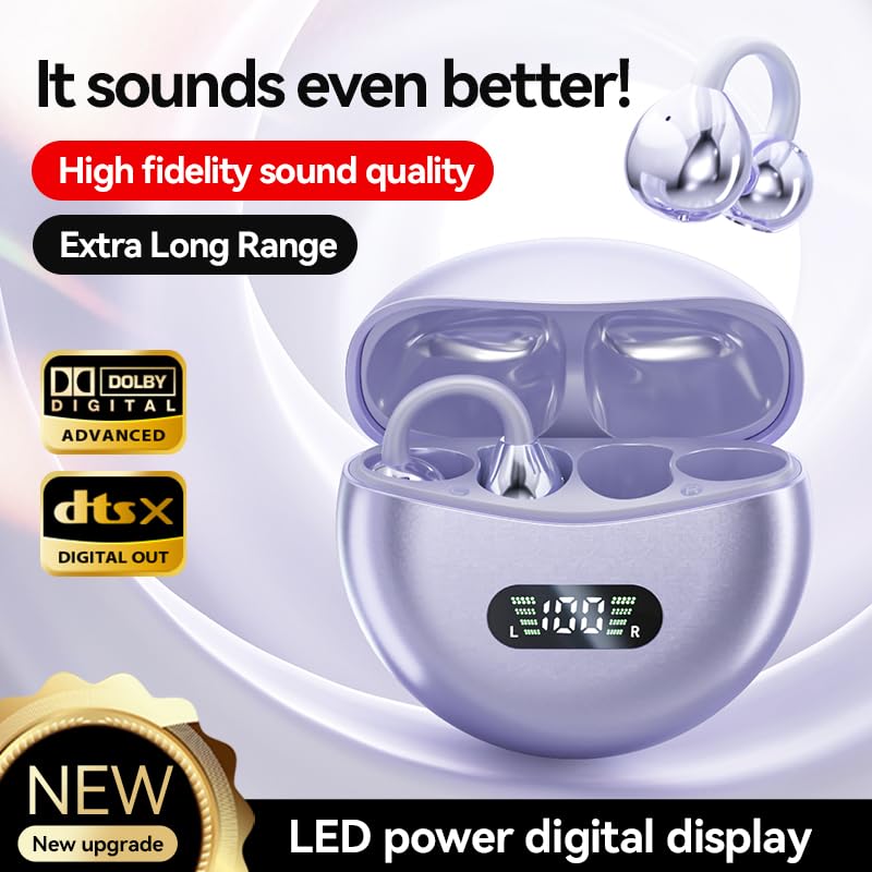 Domars Open Ear Clip-On Wireless Earbuds Bluetooth 5.4 Bone Conduction Headphones with Touch Control, LED Display, Lightweight & Secure Fit, IPX4 Sport Ear Buds with Mic for Running, Gym, Work