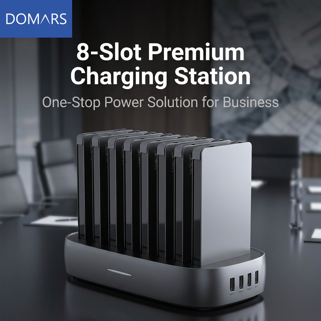 Domars Charging Station with Built-in Cables,8000mAh x8 Power Bank Dock Phone Charging Bank,Customisable With Your Own Logo, All-in-One Portable Charger Solution for Cafe/Hotel/Library