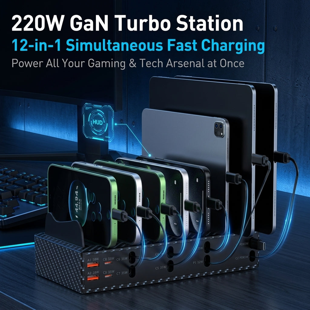 Domars 220W Charging Station, 12-in-1 Retractable USB C Charger Hub 65W PD Fast Charge for Laptop, Multi Device Charging Dock for iPhone, iPad, Samsung, Gaming Setup, Home Office & Travel