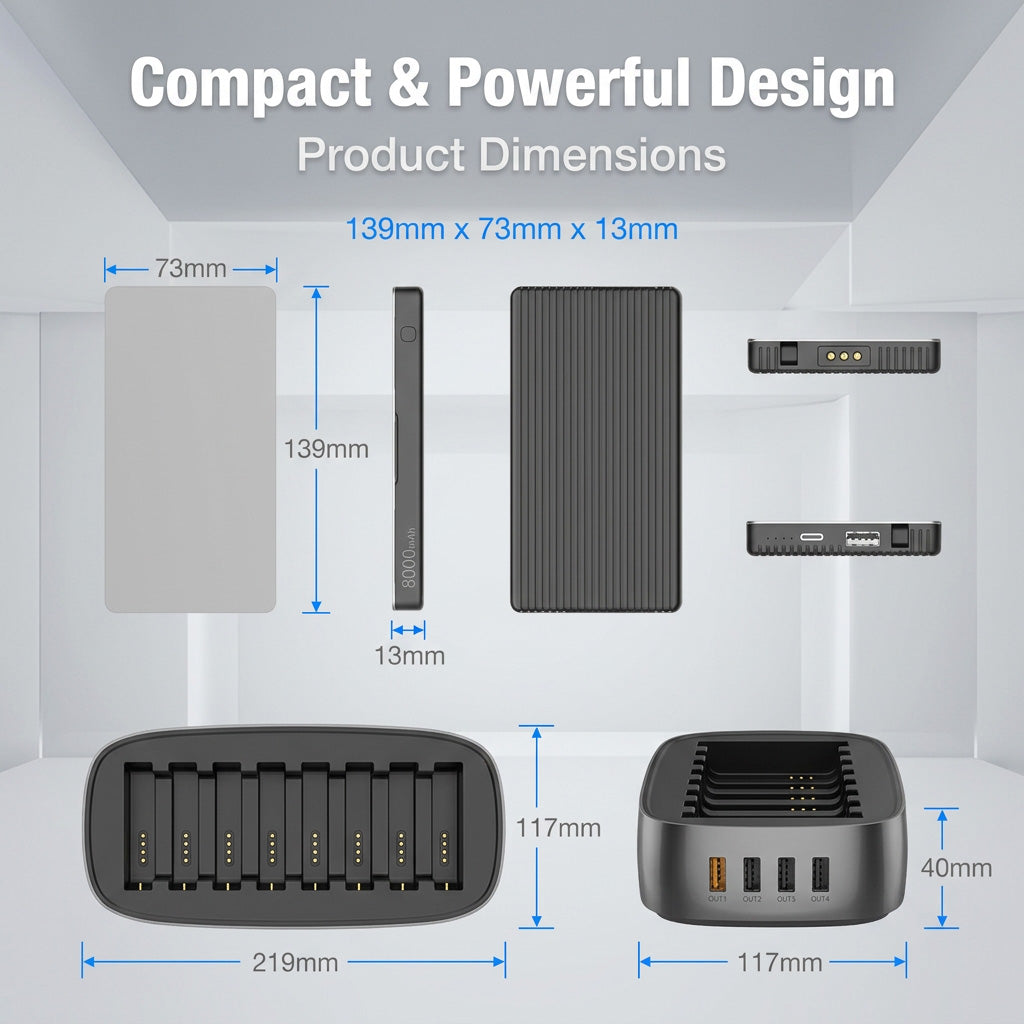 Domars Charging Station with Built-in Cables,8000mAh x8 Power Bank Dock Phone Charging Bank,Customisable With Your Own Logo, All-in-One Portable Charger Solution for Cafe/Hotel/Library