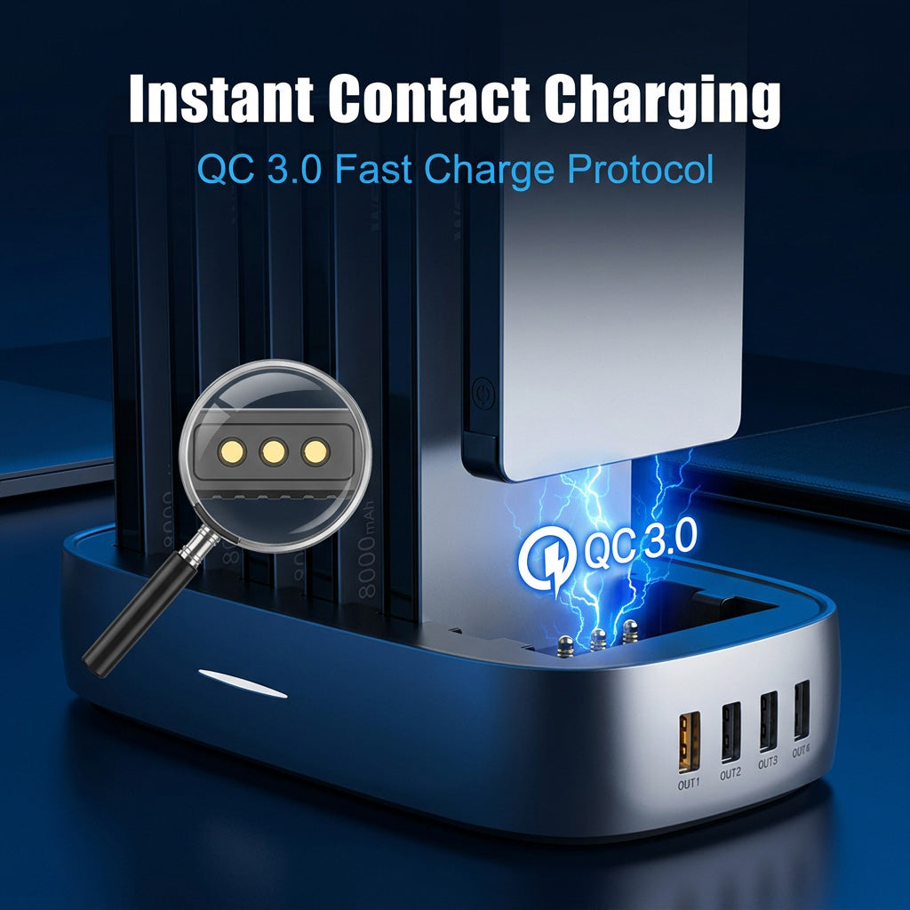 Domars Charging Station with Built-in Cables,8000mAh x8 Power Bank Dock Phone Charging Bank,Customisable With Your Own Logo, All-in-One Portable Charger Solution for Cafe/Hotel/Library