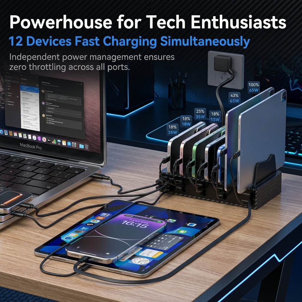 Domars 220W Charging Station, 12-in-1 Retractable USB C Charger Hub 65W PD Fast Charge for Laptop, Multi Device Charging Dock for iPhone, iPad, Samsung, Gaming Setup, Home Office & Travel