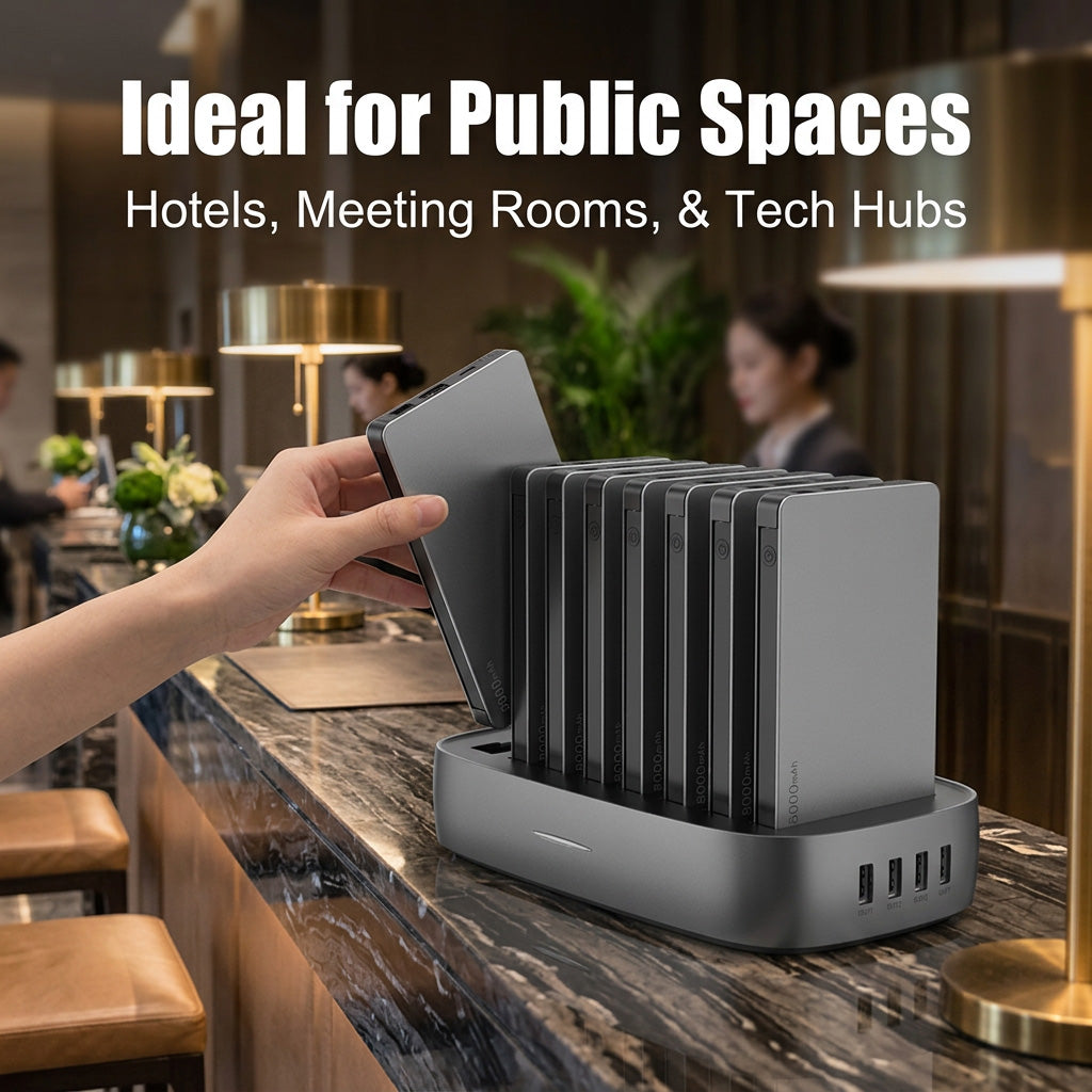 Domars Charging Station with Built-in Cables,8000mAh x8 Power Bank Dock Phone Charging Bank,Customisable With Your Own Logo, All-in-One Portable Charger Solution for Cafe/Hotel/Library