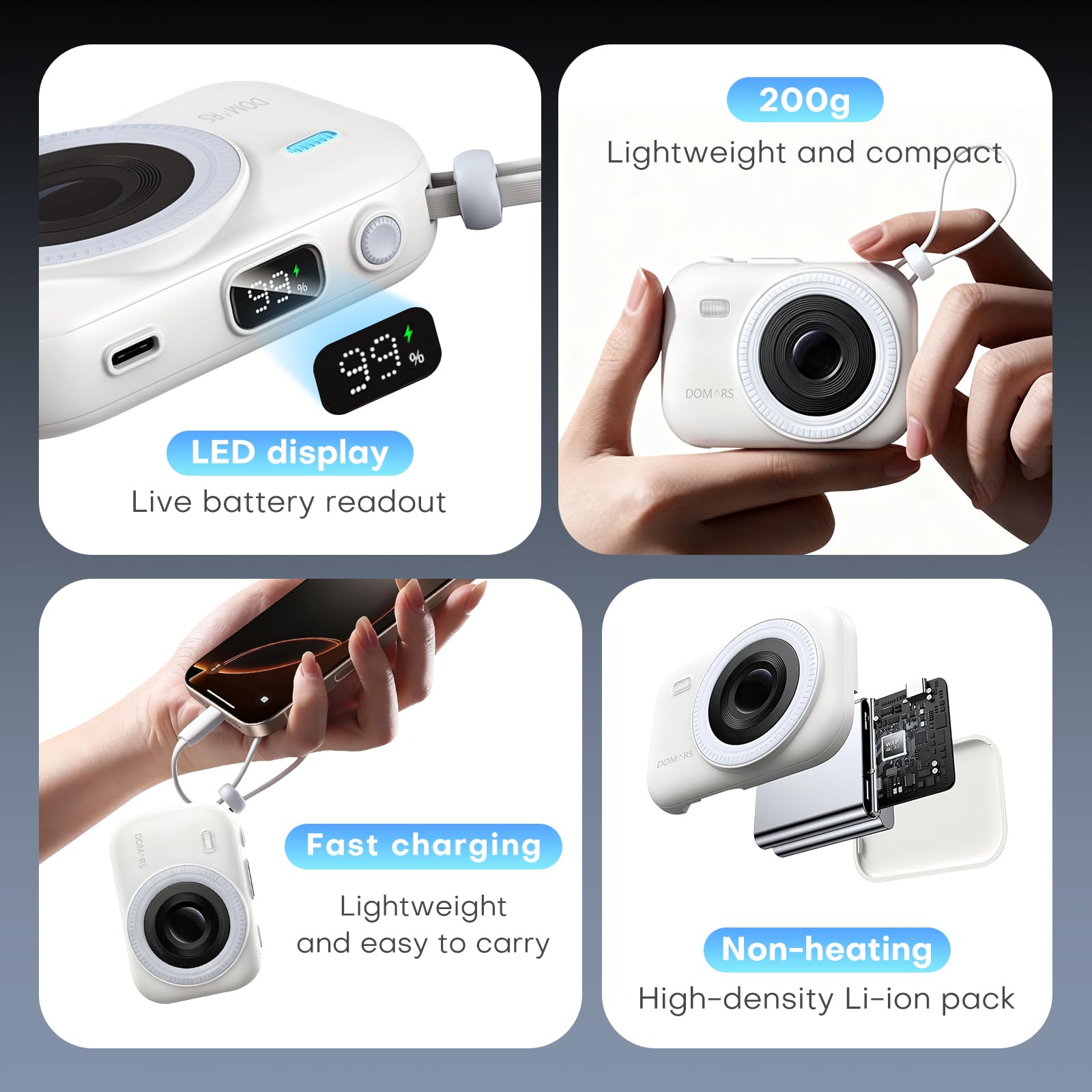 Domars Family Power Bank Station - 5-Port Shared Charging Hub with Multi-Device 10000mAh Portable Chargers, 22.5W Fast Charging, Built-in C/Lightning Cables, LED Display for Home Office Cafe Outdoor