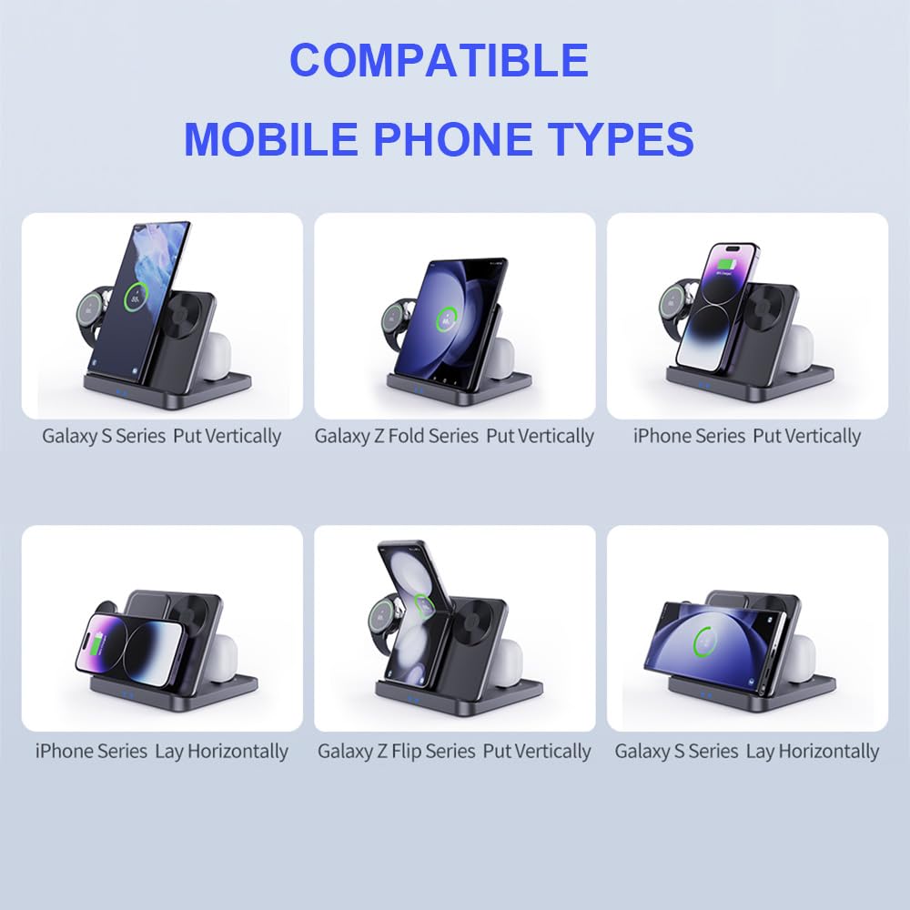 Domars 3-in-1 Foldable Wireless Charging Station, 15W Fast Charger for Samsung Galaxy Z Fold/Flip 5-1, iPhone 17-12, Galaxy Watch 6-1 & Buds, Compact Desktop Stand