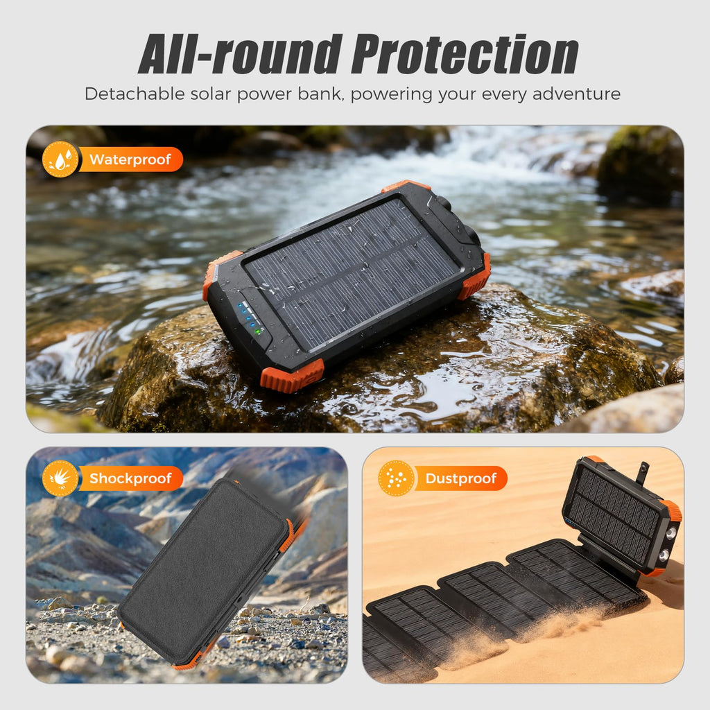 Domars Solar Power Bank 20000mAh with 6 Solar Panels, Super Fast Charging USB-C Portable Charger, IPX5 Water-Resistant External Battery Pack with Flashlight/SOS for Outdoor Emergency
