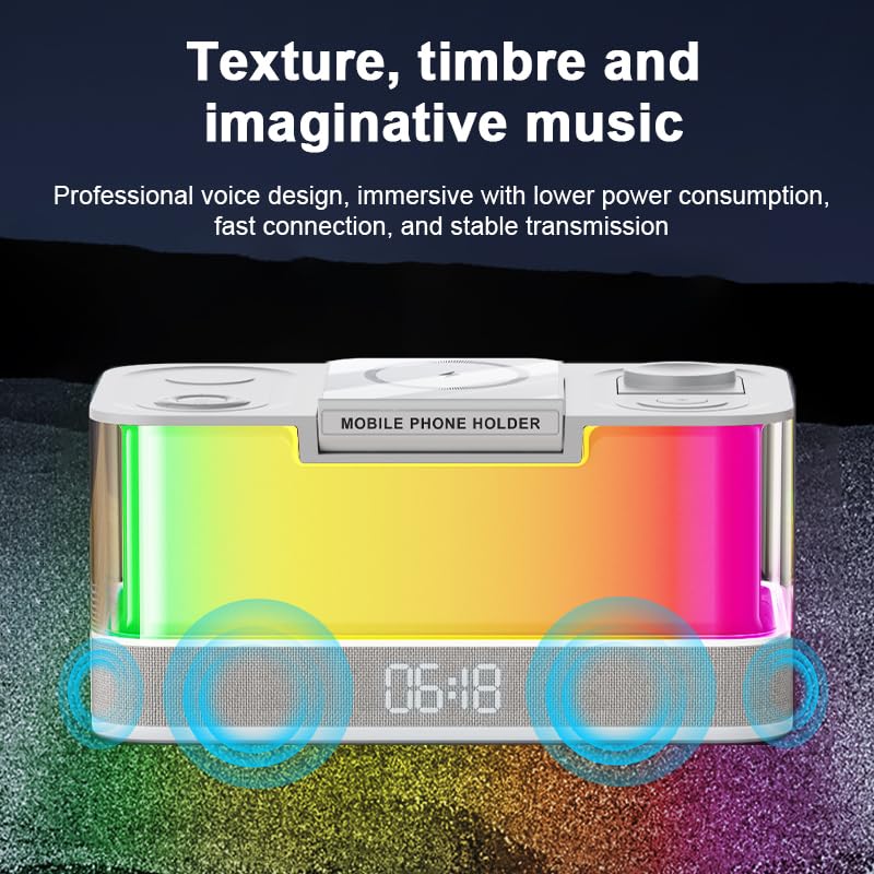 Domars Wireless Charging Station with Bluetooth 5.3 Speaker, 3D LED Night Light, Digital Clock, and Phone Holder for Home, Office, and Bedroom