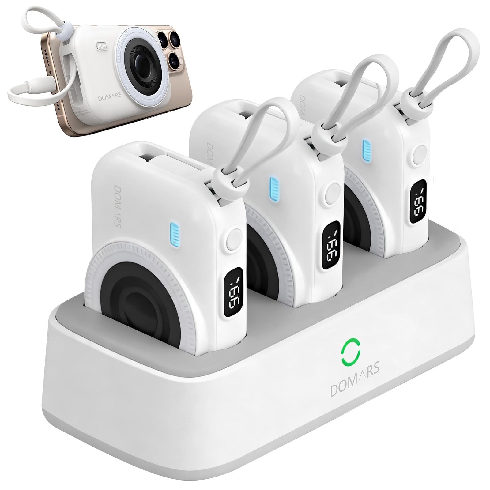 Domars Family Power Bank Station - 5-Port Shared Charging Hub with Multi-Device 10000mAh Portable Chargers, 22.5W Fast Charging, Built-in C/Lightning Cables, LED Display for Home Office Cafe Outdoor